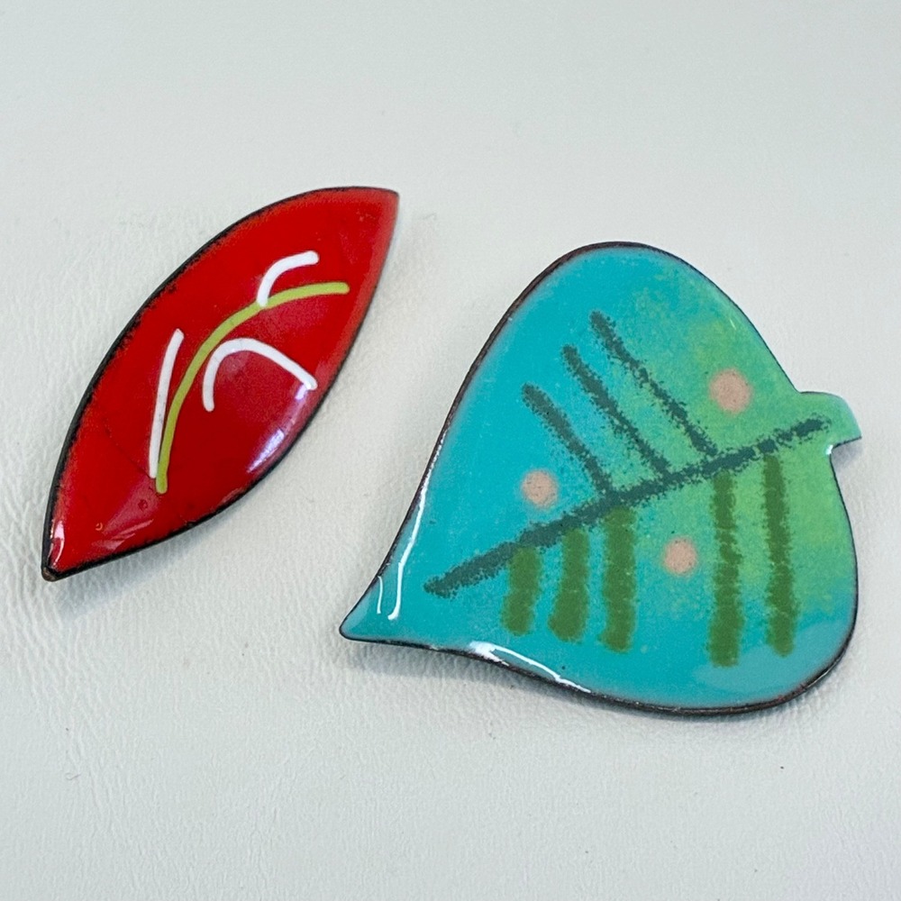 Vintage Enamel On Copper Brooch Set Red Teal Leaf Abstract Pins Mid Century Mod